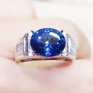 Clusterringen Mannen Ring Natural Real Dark Blue Topaz 925 Sterling Silver 9 11mm 4.5ct edelsteen fijne sieraden voor of vrouwen x232172