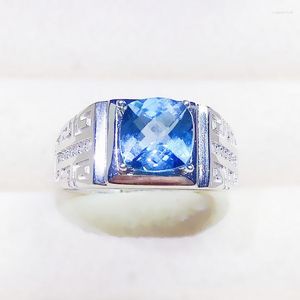 Cluster Ringen Mannen Ring Per Sieraden Natuurlijke Echte Blauwe Topaas Vierkant 925 Sterling Zilver 8 8mm 3.4ct Edelsteen Fijne X23296