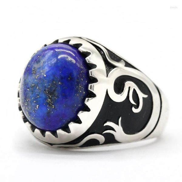 Cluster Rings Hommes Bague Avec Naturel Bleu Lapis Lazuli Pierre 925 En Argent Sterling Dominateur Drogan Mâle Femmes Turc Énergie Bijoux