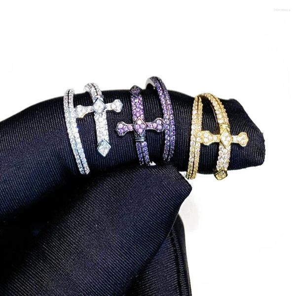 Bagues de cluster Hommes Cross Sword of Justice Design Open Finger Purple Zircon Cuff Bracelets Black Gun Plaqué Mâle Hiphop Party Bijoux