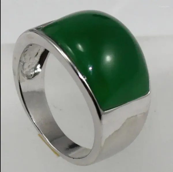 Bagues de cluster Mode pour hommes Simple Métal Plaqué Argent Long Large Bord Vert Foncé Bague de Jade Malay