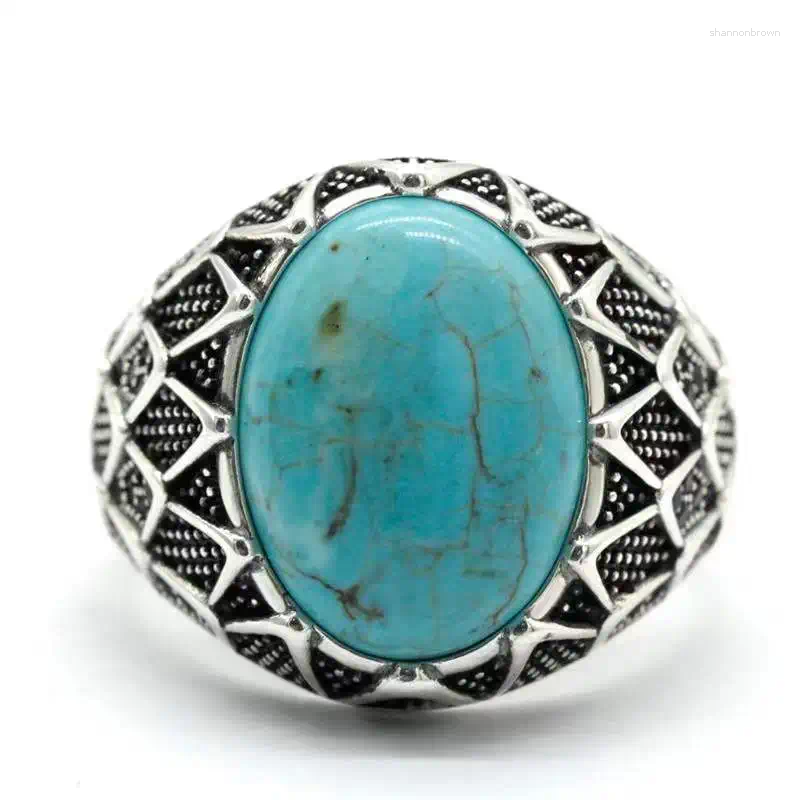 Anéis de cluster jóias masculinas s925 anel de prata esterlina incrustado com turquesa moda estilo europeu e americano