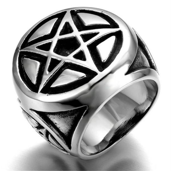 Anillos de racimo para hombre, color plateado, pentagrama, estrella de pentagrama, acero inoxidable, anillo de motorista 227j