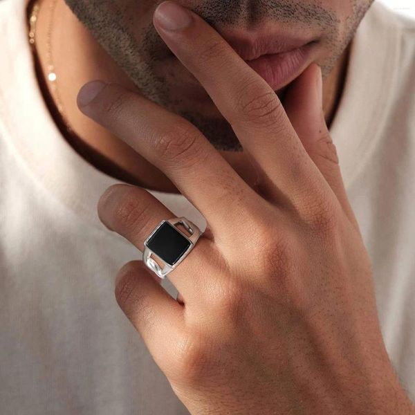 Anillos de racimo Cuadrado para hombre Sello de piedra negra Impermeable Acero inoxidable Cadena cubana En forma de banda de dedo Geométrica Top Sello Anillo Regalo