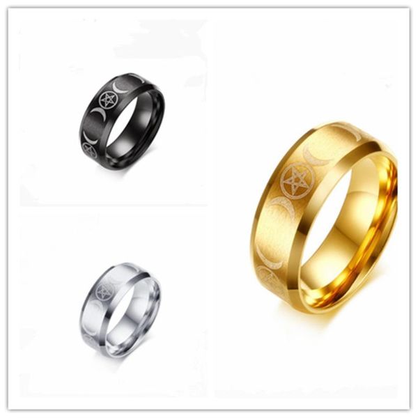 Anillos de racimo Anillo de pentáculo de triple diosa para hombres para hombres Luna creciente de acero inoxidable y joyería de pentagrama Oro Plata Wicca Brujería Ri