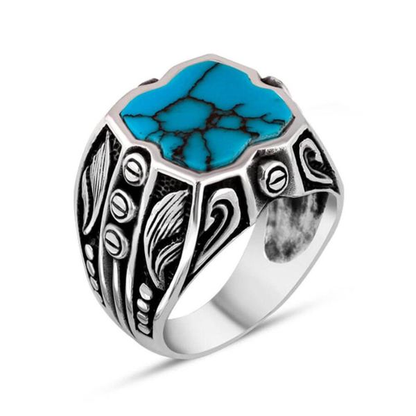 Bagues de cluster Bague en argent pour hommes avec pierre turquoise brute bleue Motif KLeaf Fabriqué en Turquie Solide 925 Sterling