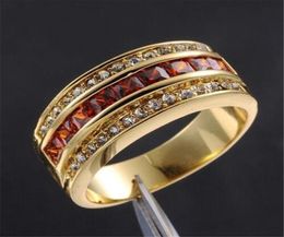 Clusterringen Men039S Deluxe 10K Geel Gold Princesscut Garnet Crystal Gemstone Band Ring Wedding For Men Women Jewelry6798248