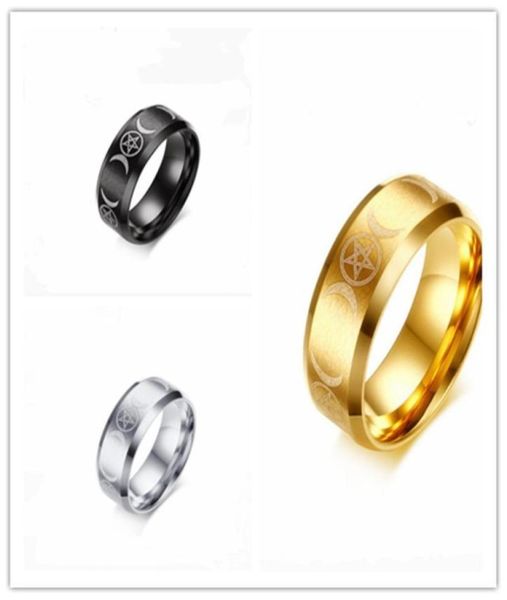 Cluster Anneaux Men039 Triple déesse Pentacle Ring pour hommes Crescent en acier inoxydable et pentagram bijoux Gold Silver Wicc8196543
