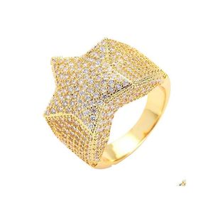 Cluster Ringen Mens Hip Hop Star 18K Real Vergulde Bling Kubieke Zirkoon Diamond Finger Ring Sieraden Gift drop Levering Dh3E9