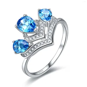 Clusterringen Merthus 925 Sterling Silver Tiara Crown Ring Peer Cut Gemaakt Blue Rainbow Topaz Betrokkenheid Wedding Promise Band For Women