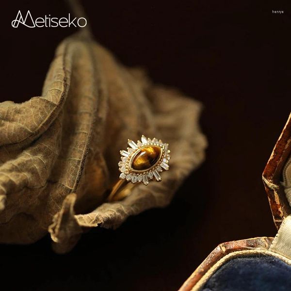 Anillos de racimo Metiseko 925 plata esterlina ojo de tigre anillo de piedra 14k chapado en oro brillante circonio cúbico estilo de corte retro lujo para mujeres