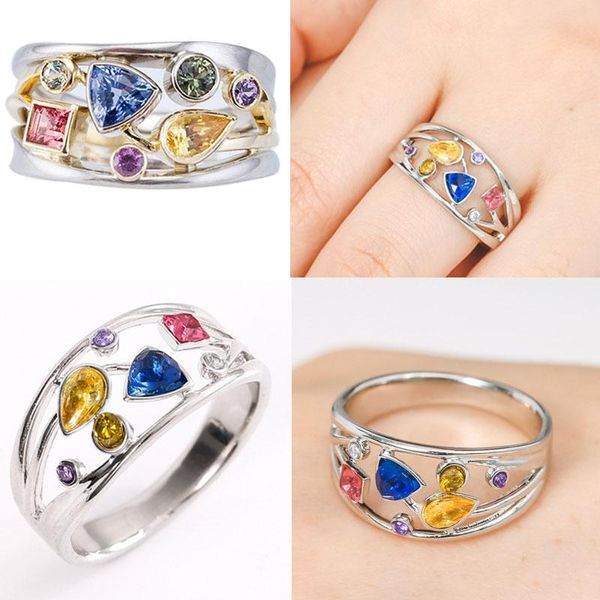 Anillos de racimo Milangirl, venta al por mayor, mujeres coloridas, ahueca hacia fuera la piedra geométrica, cóctel, fiesta, anillo de dedo femenino, joyería elegante elegante