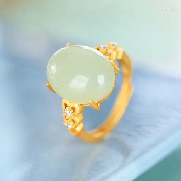 Anillos de racimo Minimalista Creativo Natural Jade S925 Plata con incrustaciones Hetian Anillo de fideos de huevo completo Joyería con incrustaciones de diamantes de imitación