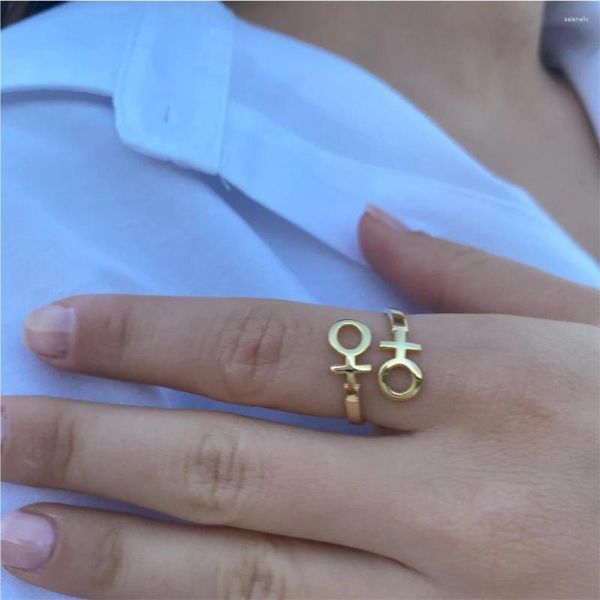 Anillos de racimo minimalista anillo de doble símbolo Color dorado acero inoxidable ajustable abierto mujeres lesbianas LGBT joyería LES regalos