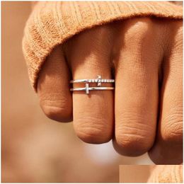 Anillos de racimo Minimalista Zircon Cruz para mujeres Niñas Anillo de cristal de doble capa Chapado en oro Plata Joyería ajustable abierta Entrega de gota Dhgsu