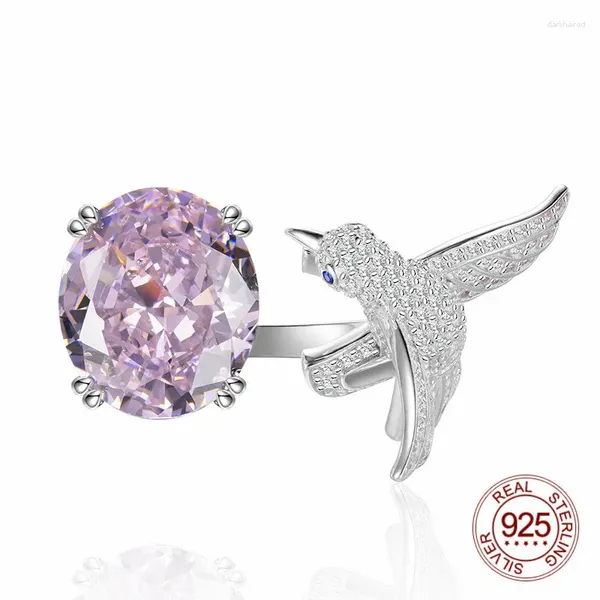 Anneaux de cluster mirco pavage zircon conception d'oiseau volant 12x14 mm de forme ovale diamant en carbone élevé 925 Anneau ouvert en argent sterling