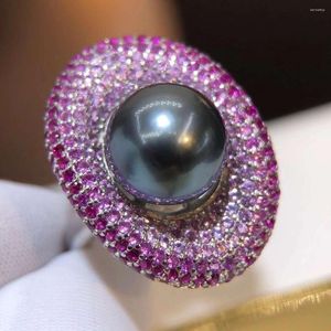 Cluster Rings MJ Solid 925 Sterling Silver Round 11-12mm Nature Sea Water Black Tahiti Pearl Pour Femmes Beaux Cadeaux D'anniversaire