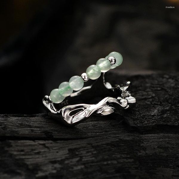Cluster Anneaux Mlkenly S925 Sterling Silve Rgreen Natural Dongling Jade Open Ring Ornement Handmade Retro Retro Retro Women's Fine Bijoux