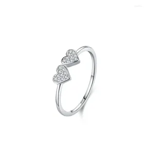 Modèles de cluster anneaux S925 Silver Simple Double Heart Sparkling Diamond Ring pour les femmes mignonnes et douces Fine