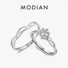 Cluster anneaux Modian 925 Sterling Line Wedding Romantic Love Couple Ring Ring Adjustable Taille 6-9 Jew Jewelry for Women Gift