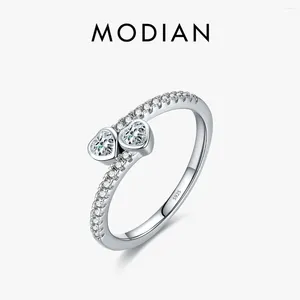 Cluster anneaux Modian 925 Sterling Silver Charm Romantic Heart to Hearts Ziconia Ring Original Design for Women Wedding Fine Jewelry cadeau
