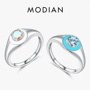 Cluster anneaux Modian 925 Sterling Silver Blue Blue Emirconia Signet Dinger Ring For Women Daily Bijoux Gifts