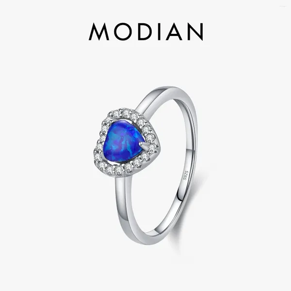 Bagues de cluster MODIAN 925 Sterling Silver Charm Exquis Vintage Blue Heart Opal Bague Romantique Rétro Anniversaire Cadeau Pour Femmes Fine Bijoux