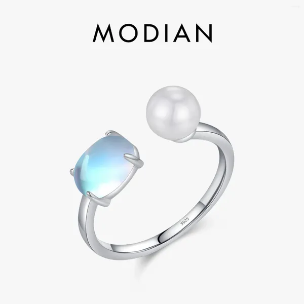 Cluster anneaux Modian 925 Silver Silver Open Taille ovale Moonstone Ring Perle réglable pour femmes Bijoux fins