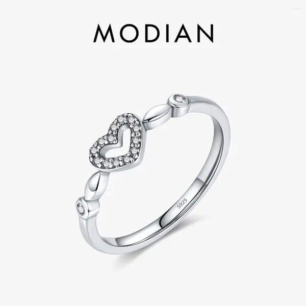 Cluster anneaux Modian 925 Sterling Silver Hollow Heart Trendy Clear Cz Romantic Love Ring For Women Fine Wedding Jewelry Cadeaux