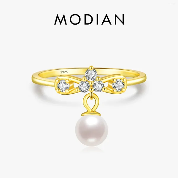 Cluster anneaux Modian Elegant Crystal Pearl Pendant Ring 925 Silver Silver Trendy Gold Color Crown For Women Fine Jewelry Accessoires