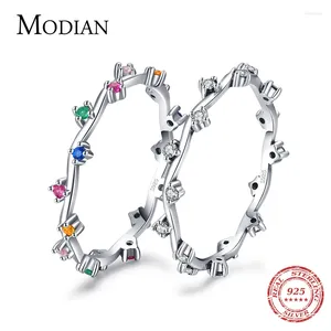 Cluster Ringen Modian Echt 925 Sterling Zilver Regenboog Kleurrijke Zirkoon Vinger Mode Onregelmatige Kristallen Ring Voor Vrouwen Fijne Sieraden Anel