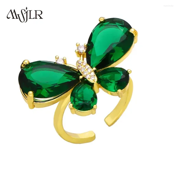 Anillos de clúster MVR-044 2024 Estilo de lujo Circón Emerald Anillo Ajustable Cumpleaños Joya de mariposa Tendencia de accesorio de moda