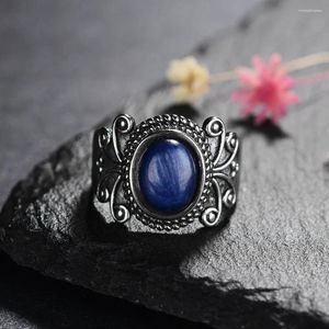 Anneaux de cluster Nasiya Antique Argent Ovale Bleu Foncé Naturel Kyanite Pour Femmes Bijoux Fête De Mariage Cadeau D'anniversaire