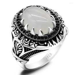 Cluster Ringen Natuurlijke Agaat Ring Voor Mannen Puur 925 Sterling Zilver Punk Vintage Witte Steen Met Zwarte Zirkoon Mannelijke turkse Sieraden Gift