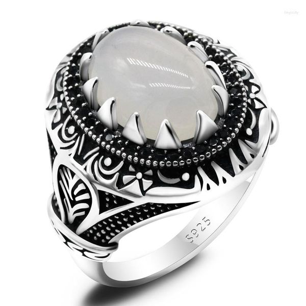 Anillos de racimo Anillo de ágata natural para hombres Plata de ley 925 pura Piedra blanca vintage punk con circón negro Regalo de joyería turca masculina