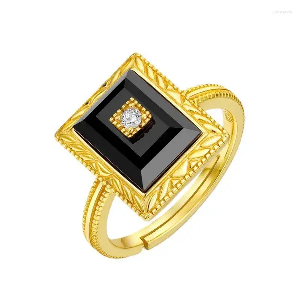 Bagues de cluster Bague d'agate naturelle S925 Sterling Silver 9K Plaqué or Zircon Noir Rectangulaire Femmes Gemstone Fine Bijoux