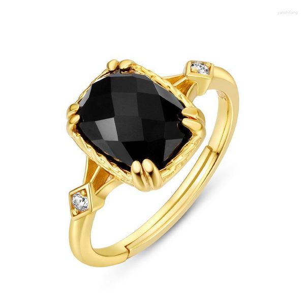 Bagues en grappe Bague en agate naturelle S925 Argent sterling plaqué or 10 carats Zircon à facettes Noir Femmes Gemstone Fine Jewelry Accessoires