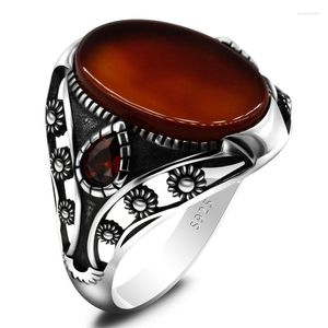 Anillos de racimo, anillo de piedra de ágata Natural para hombres, Plata de Ley 925 con circonita cúbica roja, diseño único tailandés, joyería turca para hombres y mujeres