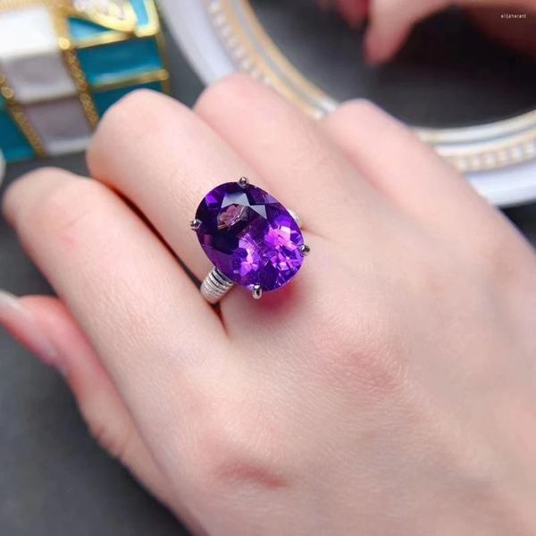 Bagues de cluster Bague d'améthyste naturelle 10ct 12 16mm VVS Grade Rich Purple Bijoux 925 Cristal d'argent pour la fête