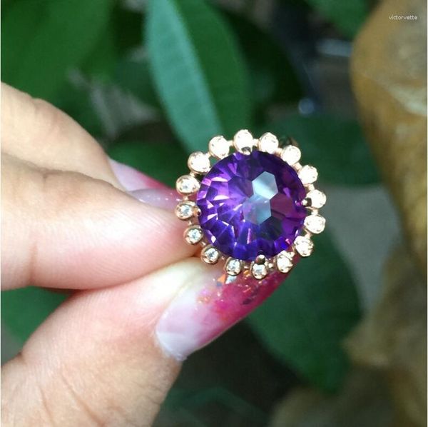 Bagues en grappe Bague en améthyste naturelle Argent sterling 925 Bijoux en cristal violet fin Taille de gemme 12 mm