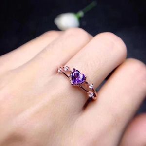 Clusterringen Natuurlijke amethistring voor vrouwen Purple Crystal Heart Vorm 14K Rose Gouden sieraden Diamant Verplichting Geschenk 281F