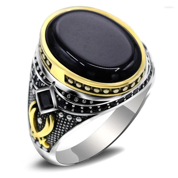 Bagues de cluster Pierre d'agate noire naturelle jumelée avec 925 Sterling Silver Bague pour hommes Design Punk Style Girl Bijoux