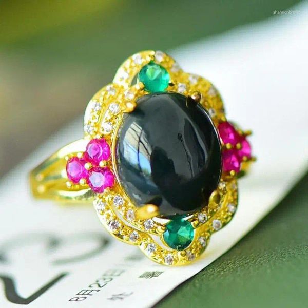 Anillos de racimo Jade negro natural con circón Rubí Esmeralda Genuino chino Nefrita Hetian Cobre Anillo de oro Ajustable Anel Feminino