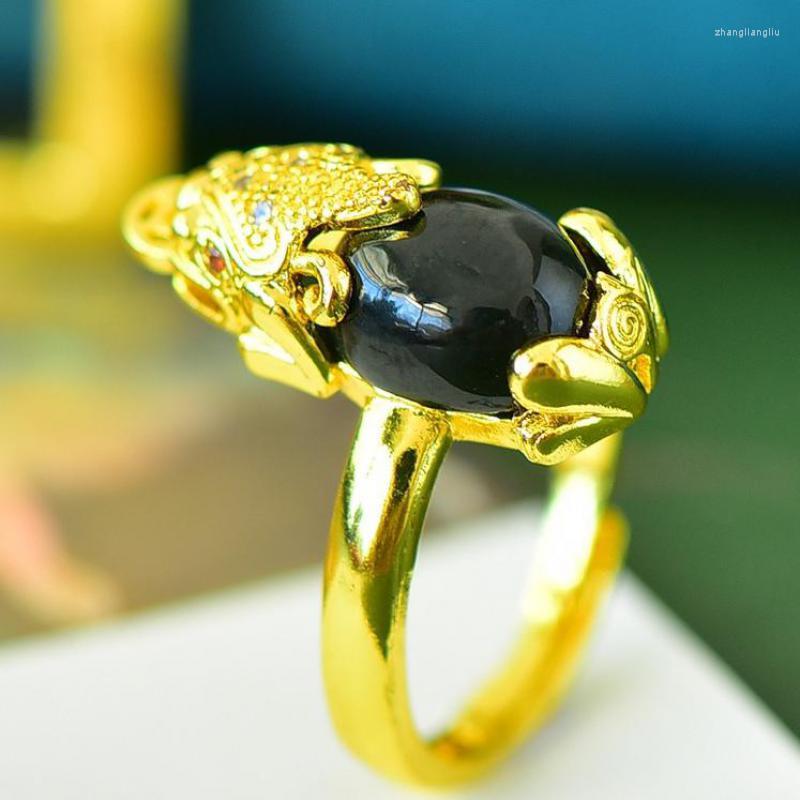 Anillos de racimo Natural Black Jades Pixiu Feng Shui anillo ajustable mujeres joyería fina accesorios Lucky Fengshui Pi Xiu Mantra amuleto