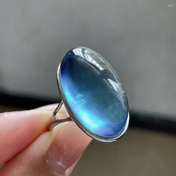 Anillos de racimo Natural Azul Aguamarina Anillo ajustable Oval 27.8 16.7mm 925 Plata esterlina Cristal Moda