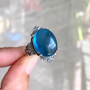 Anillos de racimo Natural Azul Aguamarina Cuarzo Oval Anillo ajustable 17 13 mm Mujer grande Hombres Joyería rara