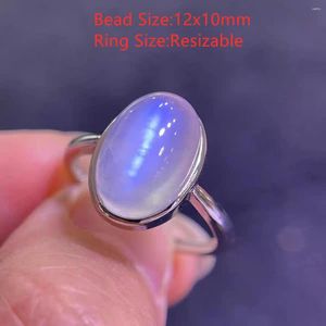 Bagues de cluster Naturel Blue Light Moonstone Bague réglable Cristal 12x10mm Ovale 925 Sterling Silver Femme Pierre ronde