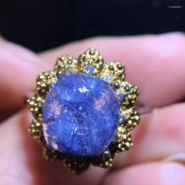 Cluster anneaux bleu naturel rutilé dumortierite quartz anneau réglable 10 / 9,2 mm femme ovale hommes bijoux aaaaaaa