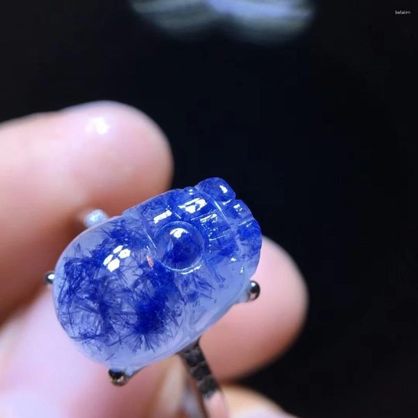 Cluster anneaux bleu naturel rutilé dumortierite quartz anneau réglable 13 / 9,6 mm pi xiu femme hommes bijoux aaaaaaa