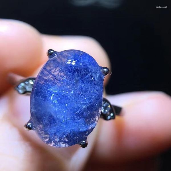 Bagues de cluster Naturel Blue Rutilated Dumortierite Quartz Bague réglable 12,2 / 8,8 mm Ovale Fleur Perle Femme Hommes Bijoux